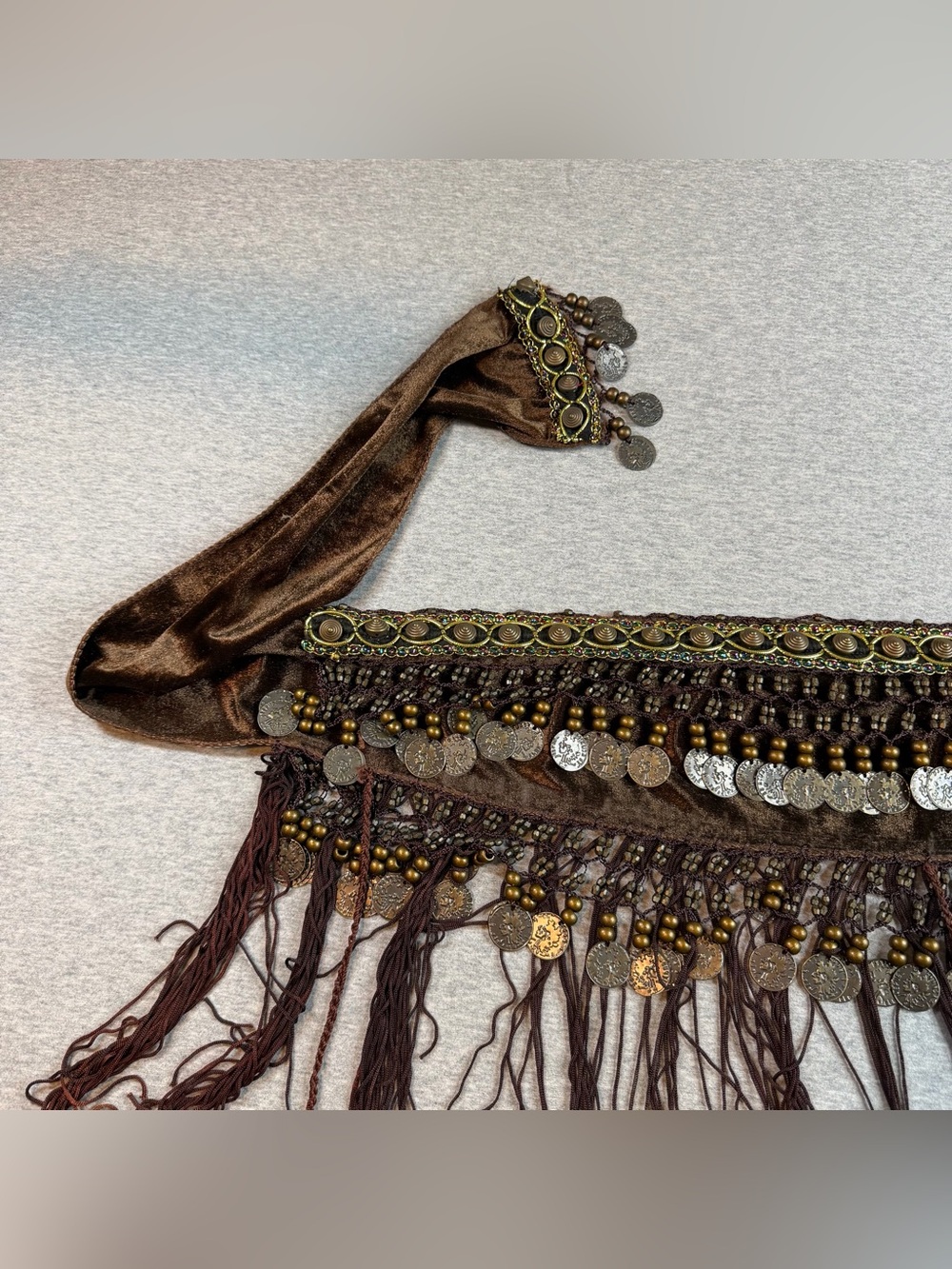 Brown Belly Dance Hip Scarf with Fringe and Coins - Picture 7 of 9